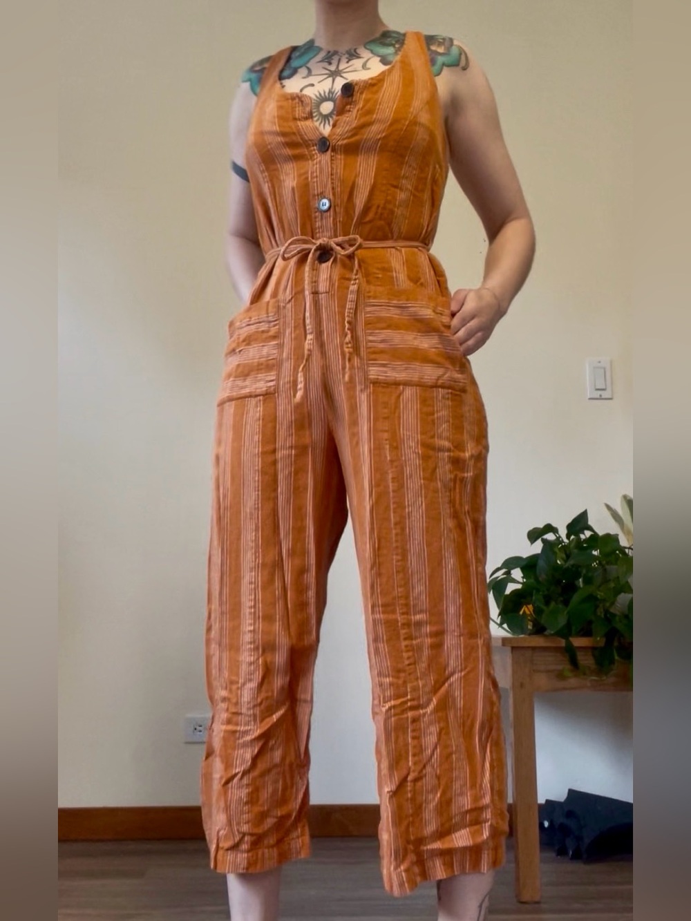 Striped Linen Cotton Blend Tie-Waist Jumpsuit Frank and Oak